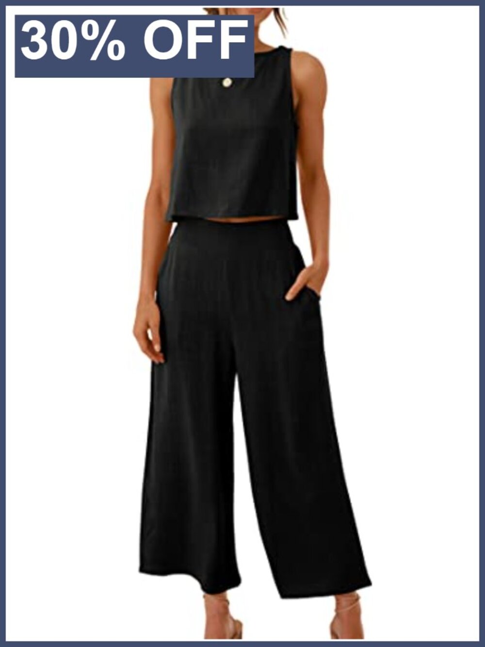 Women's 2 Piece Linen Set Sleeveless Crop Top Wide Leg Cropped Pants